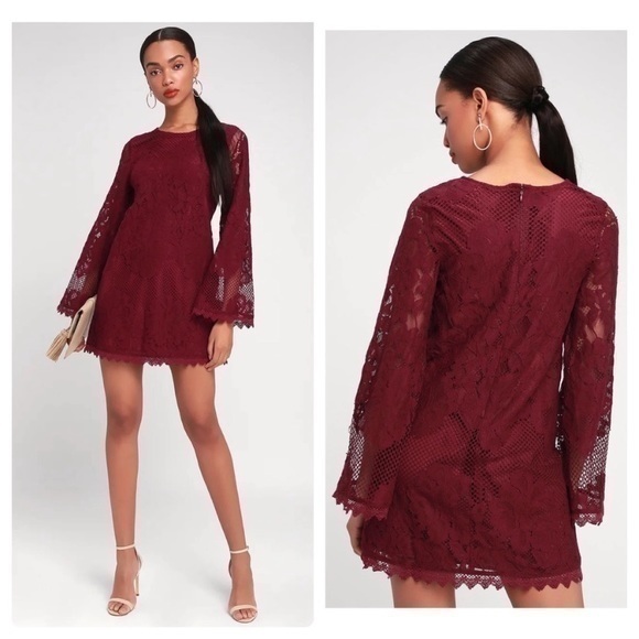 Lulus Dresses & Skirts - Lulu’s Can't Forget You Burgundy Lace Bell Sleeve Shift Dress